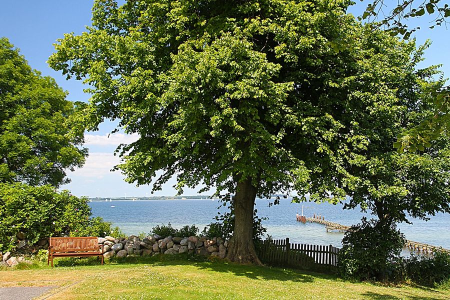 Aussicht auf Flensburger Förde mit Steg im Wasser